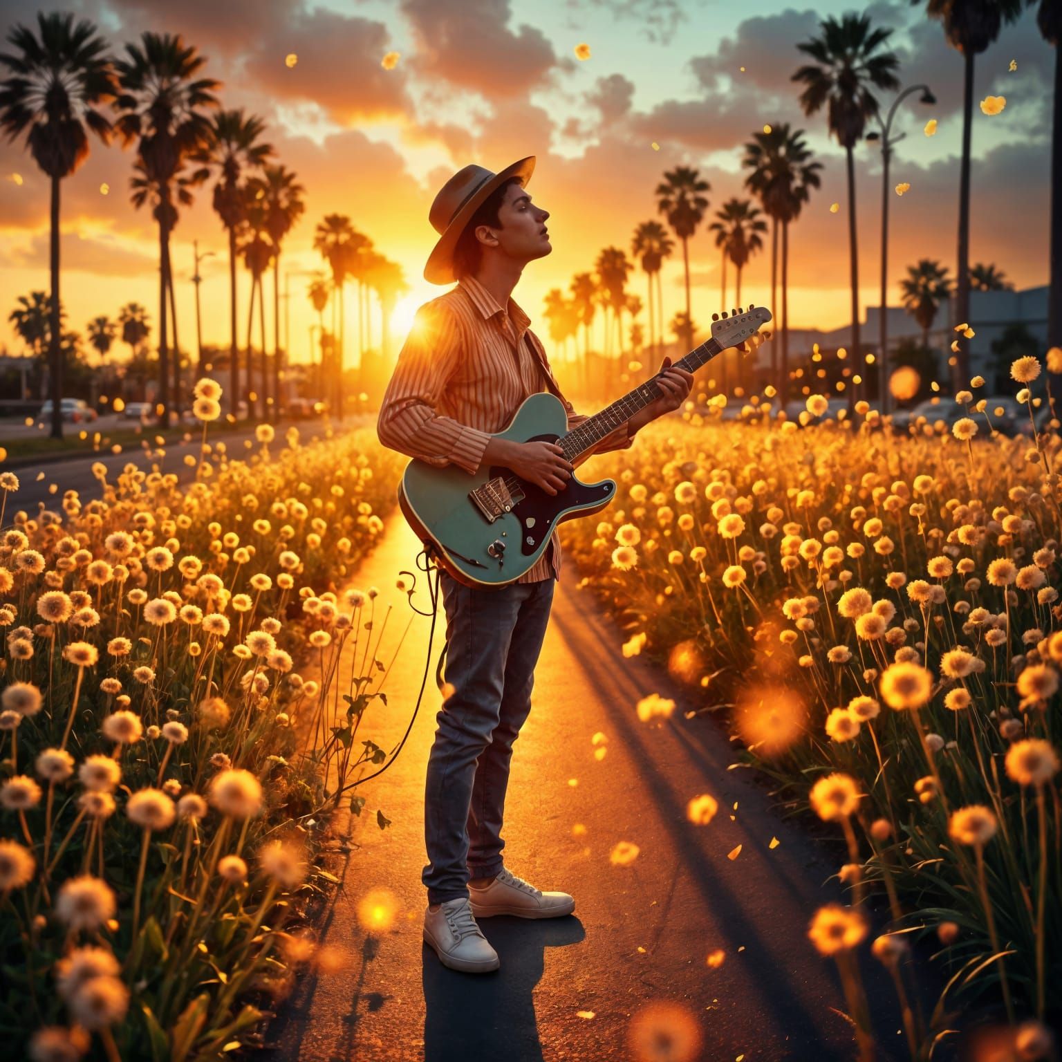 Vibrant Dandelion Musician in Whirling Vortex