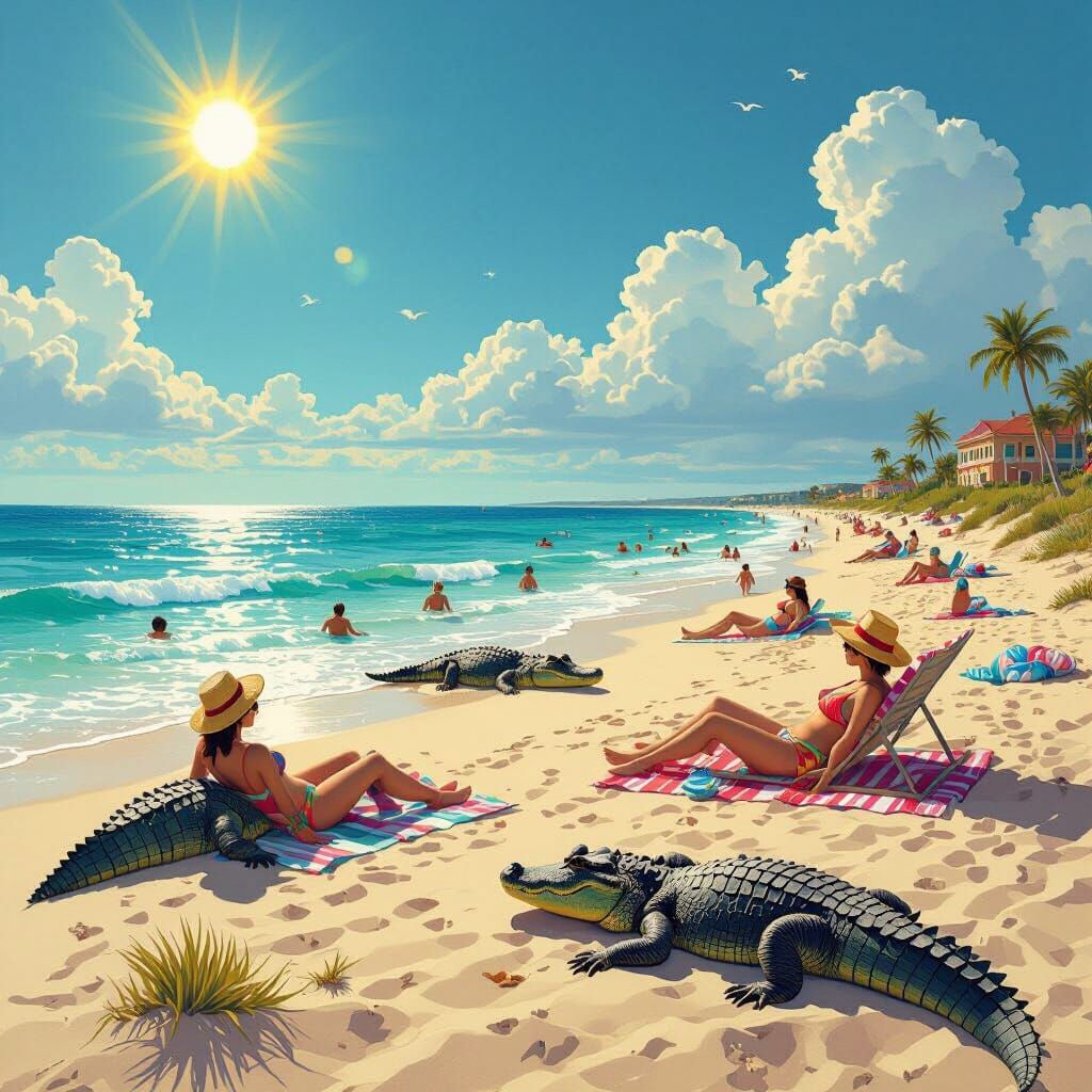 Alligators Enjoy Sunny Beach: Matte Painting Style