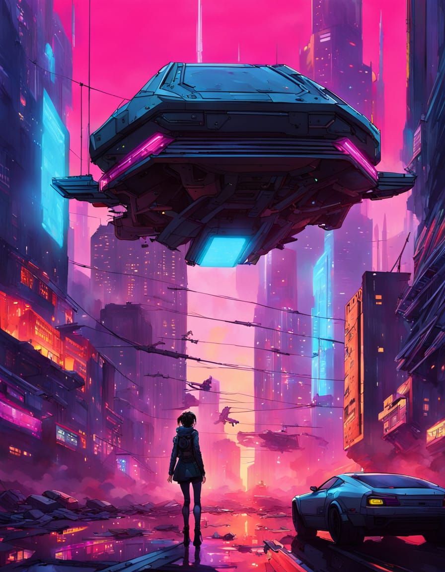 Cyberpunk Girl Leaps into Action Amidst Futuristic Cityscape