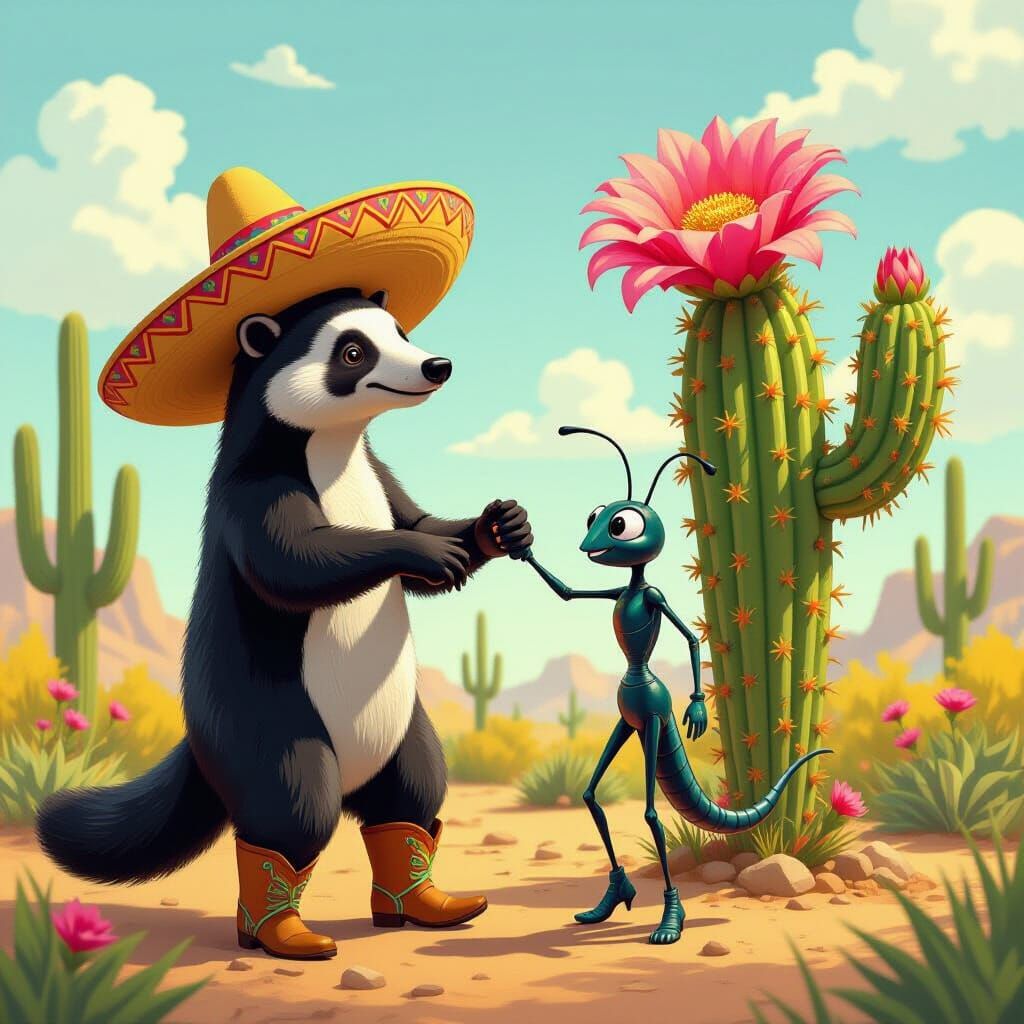 Anteater and Ant Dancing Around Cactus in Whimsical Style