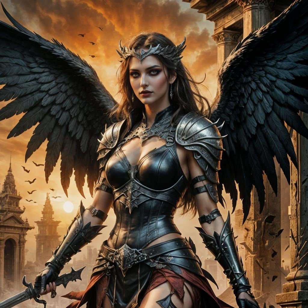 Cyberpunk Angel Leaps from Ruins