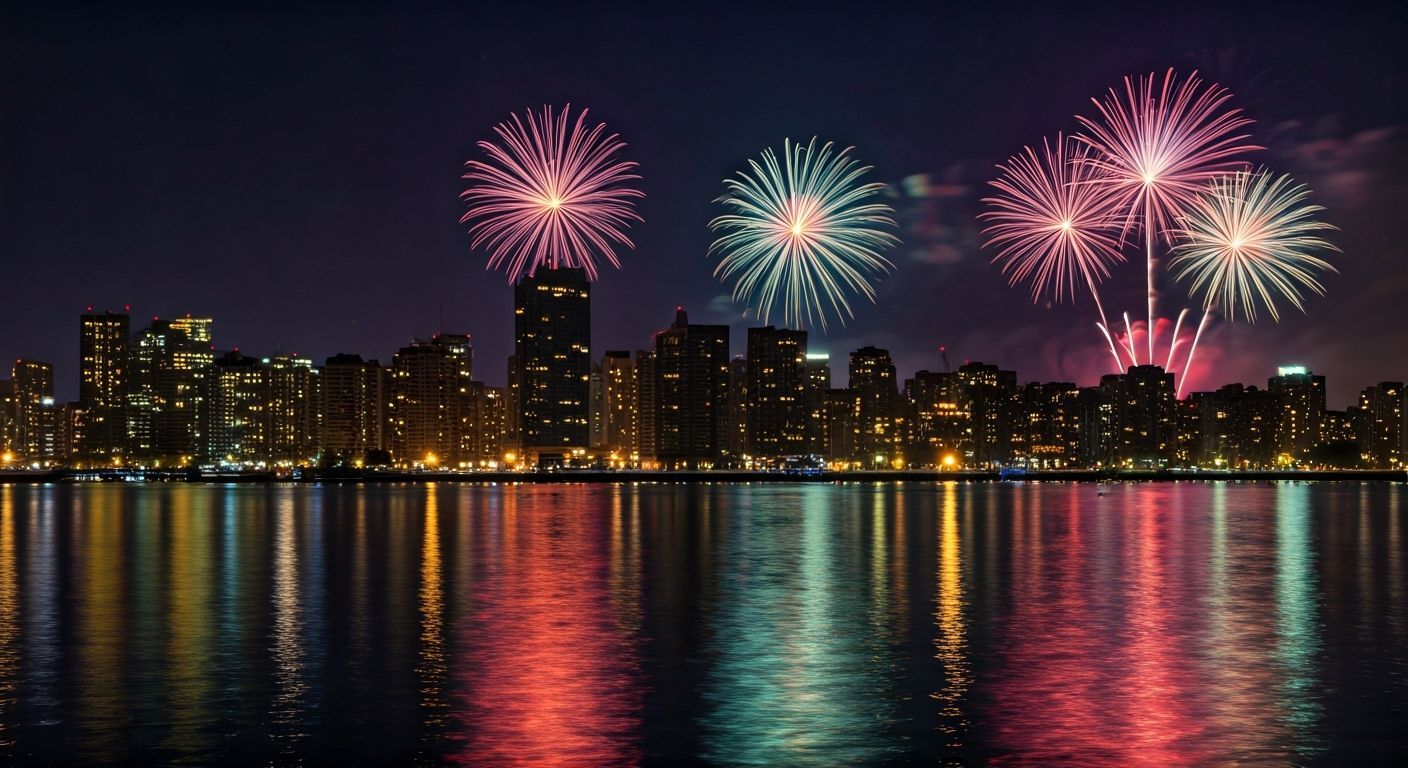 Vibrant Fireworks Over Cityscape Silhouette