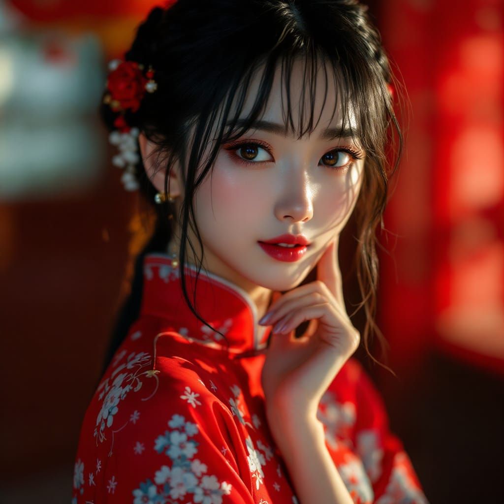 Photorealistic Portrait of Kagura in Red Cheongsam