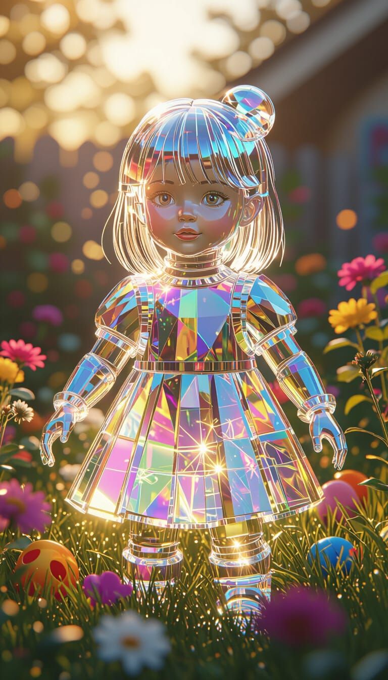 Crystal Girl Playing in Garden with Rainbow Reflections