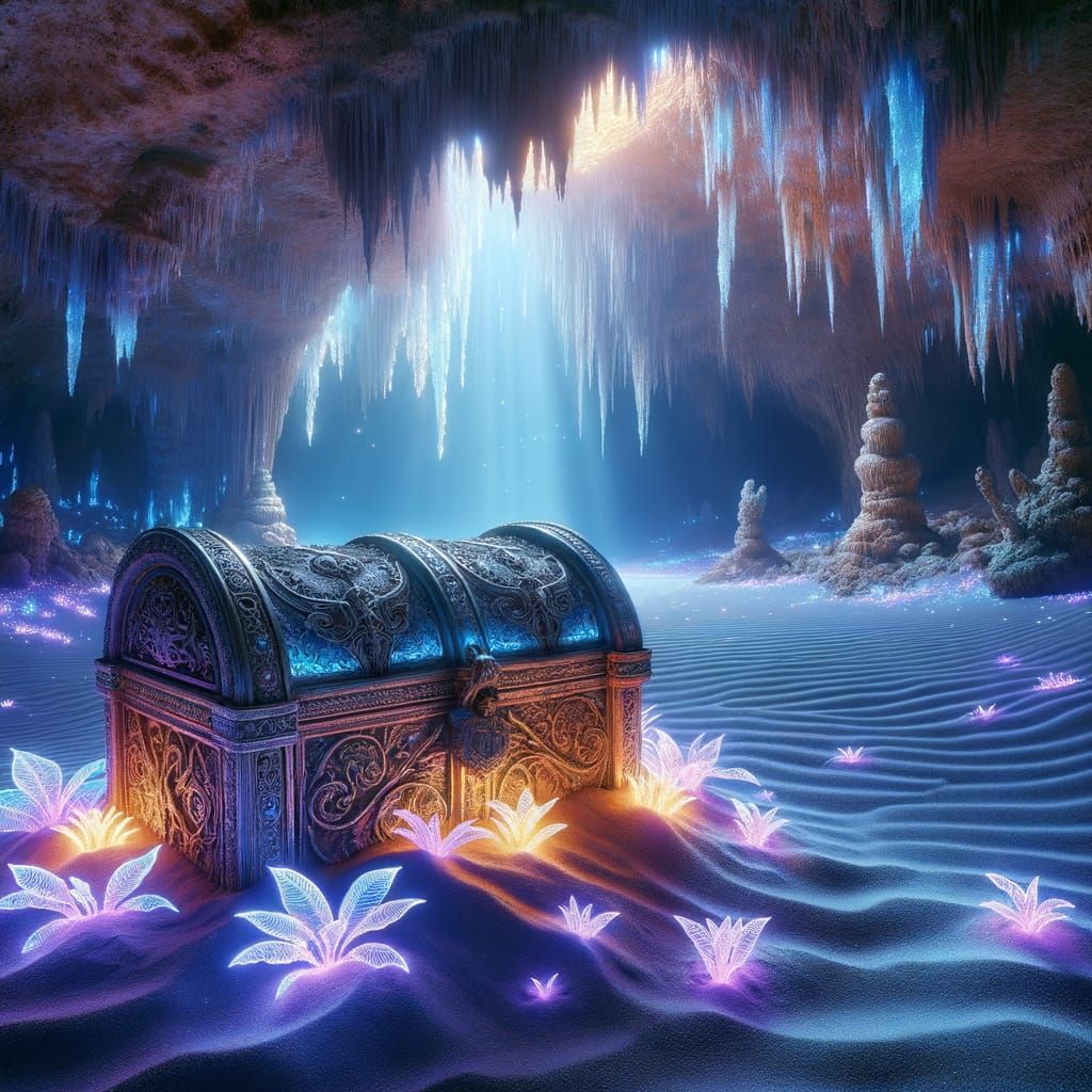 Bioluminescent Cave Treasure Chest with Glowing Runes