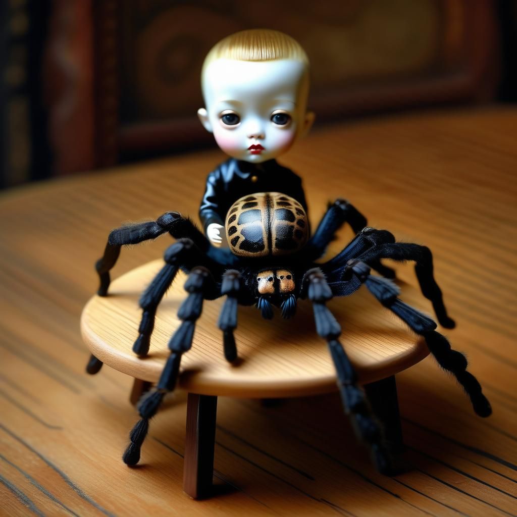 Eerie Porcelain Doll with Tarantula, 3D Render