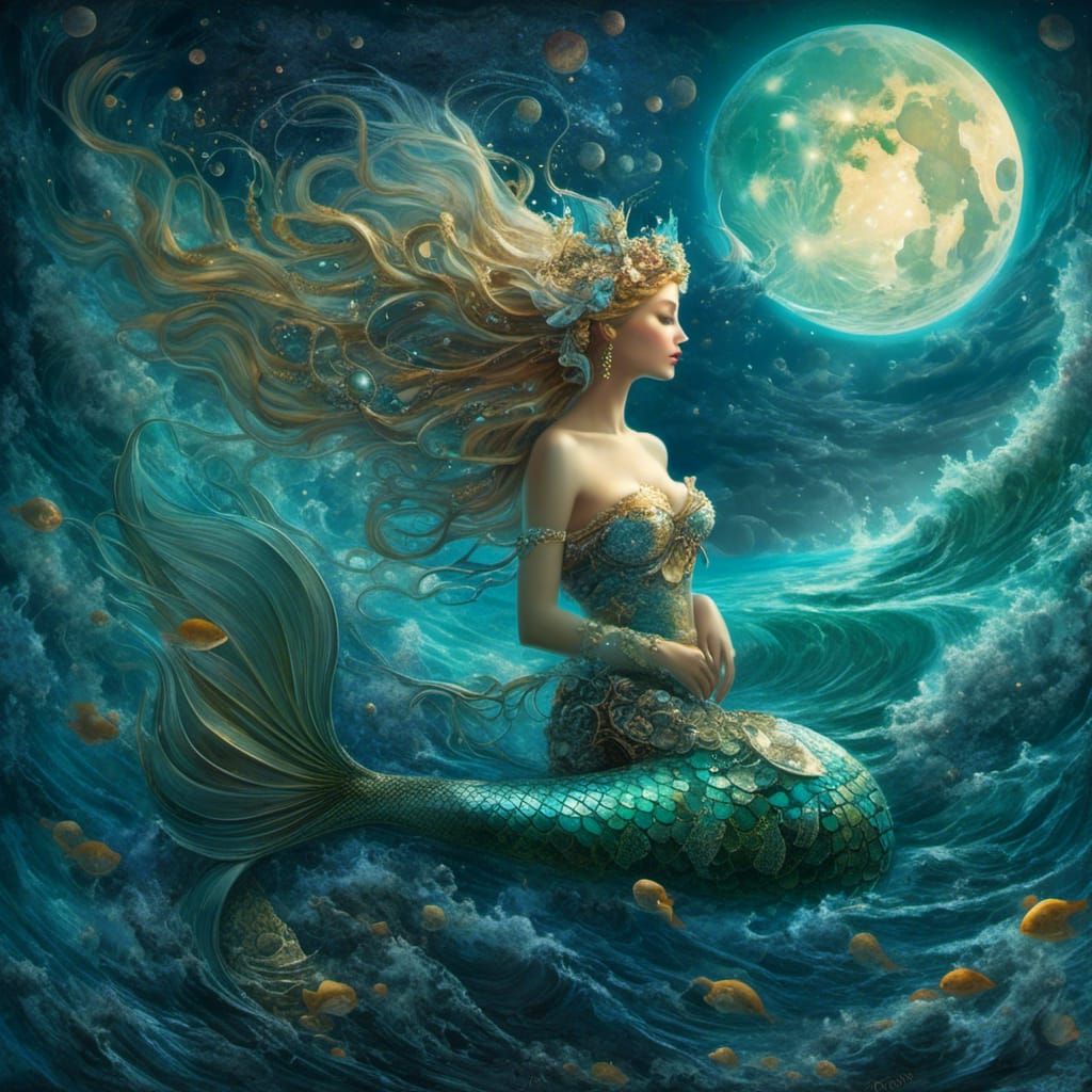 Teal Mermaid under Gibbous Moon in Rococo Style