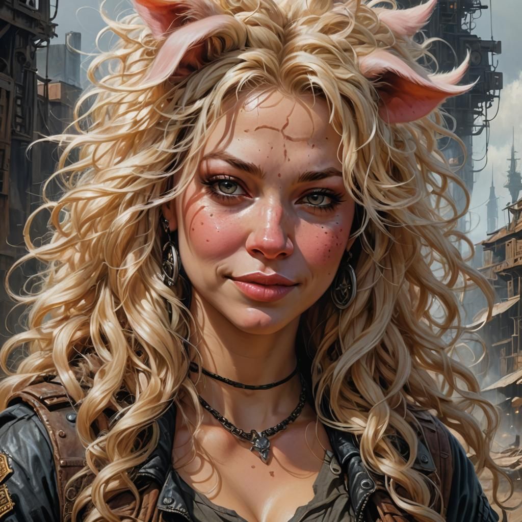 Post-Apocalyptic Pig-Girl Portrait in Acrylic Style