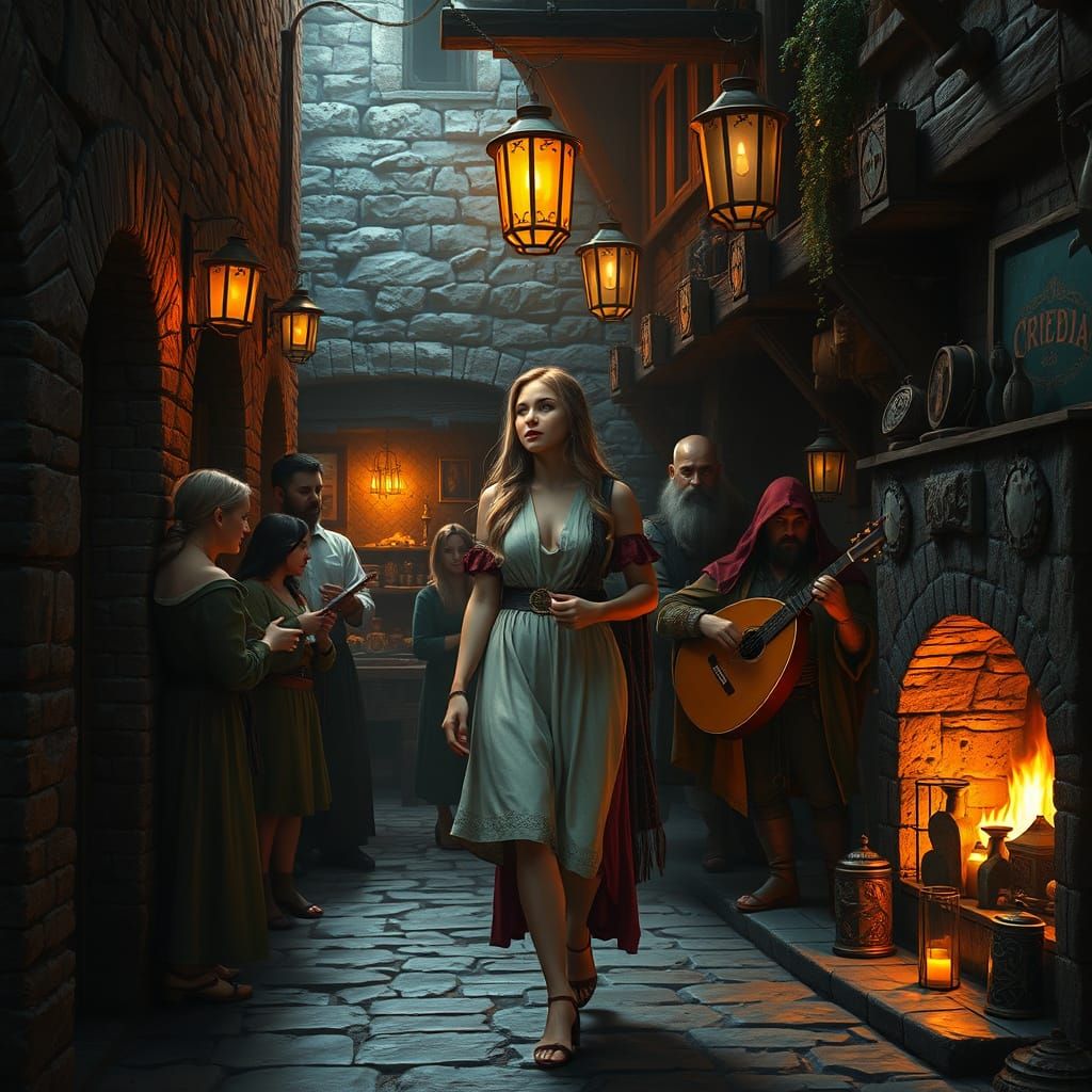Fantasy Tavern Scene with Bard and Diverse Patrons