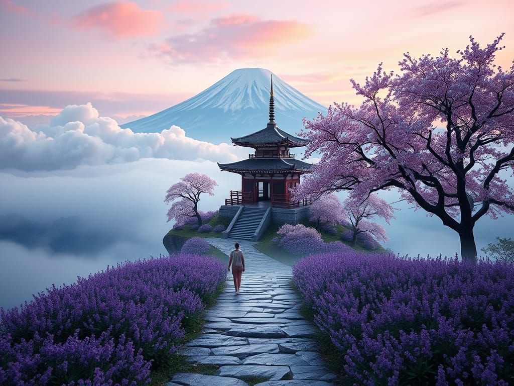 Ethereal Japanese Temple Amidst Sakura Blooms and Violets