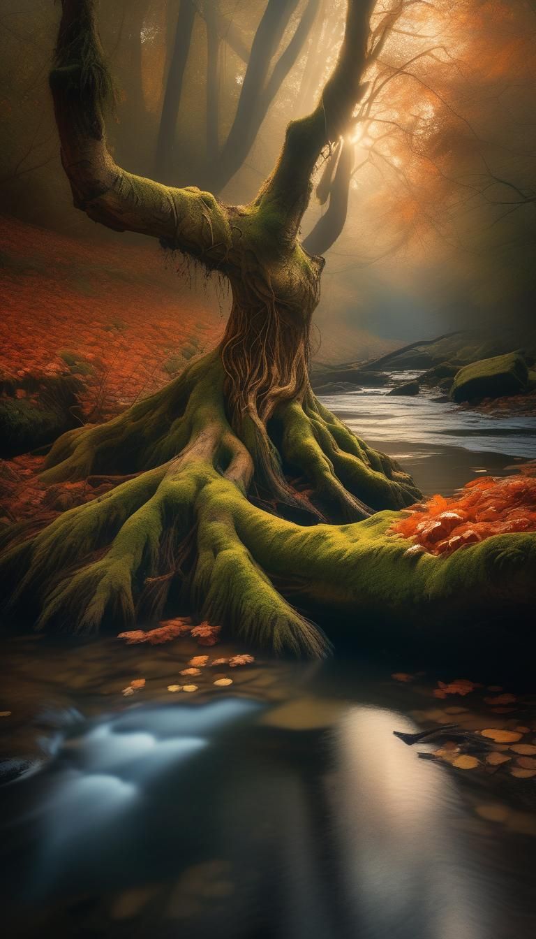 Ethereal Orb Above Stream in Magical Autumn Forest