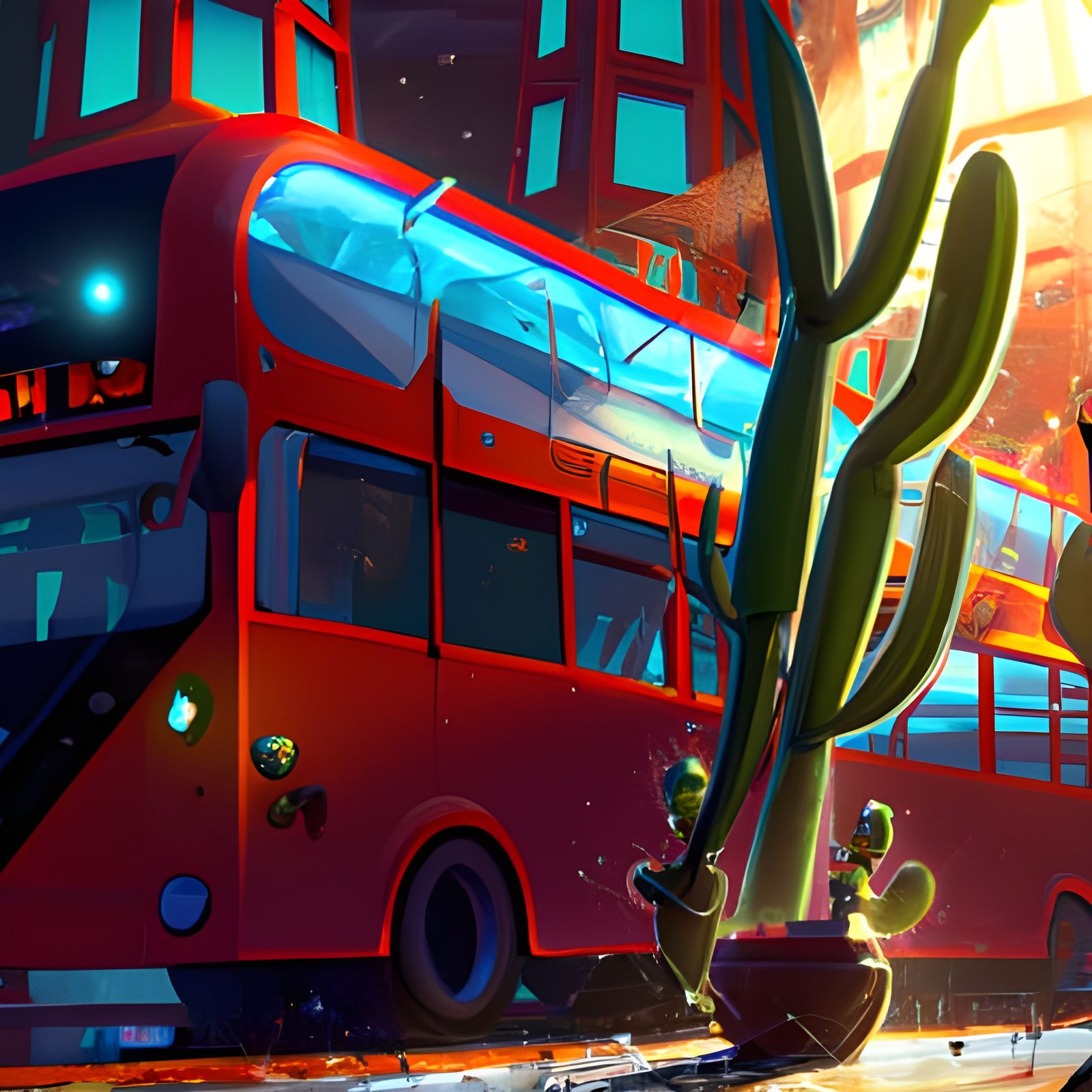 A cactus tree as A London bus passing at night, 8k resolutio...