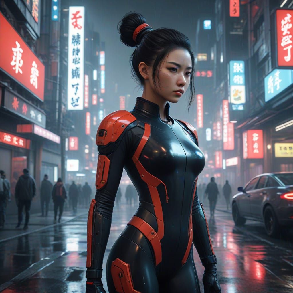 Cyberpunk Goddess in Neon-Lit Cityscape