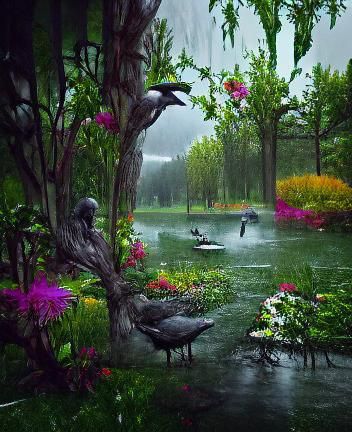 Lush Garden with Lake in Cyberpunk Style
