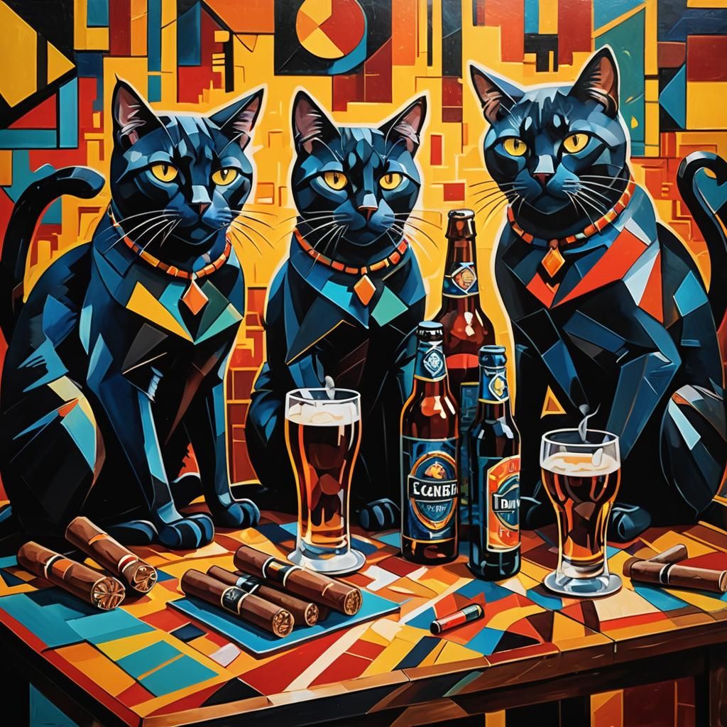 Cubist Black Cats with Spray Paint and Cigars