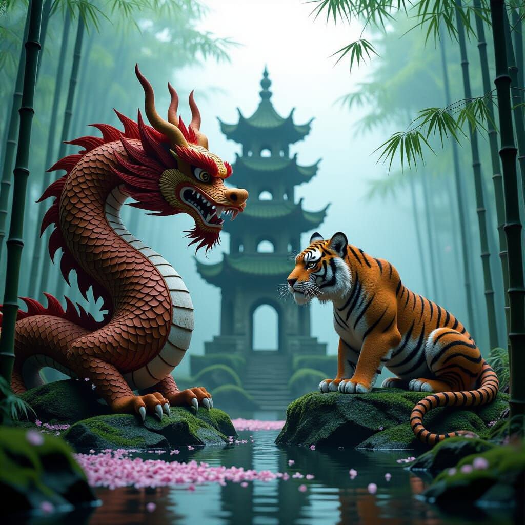 Dragon and Tiger Sculptures in Misty Bamboo Forest