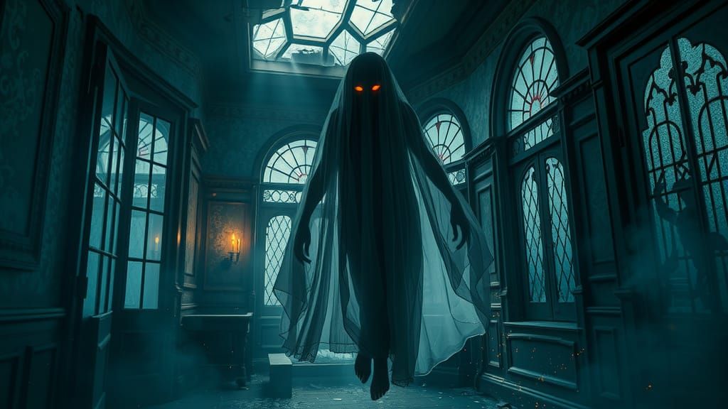 Ethereal Ghostly Figure in Abandoned Victorian Mansion