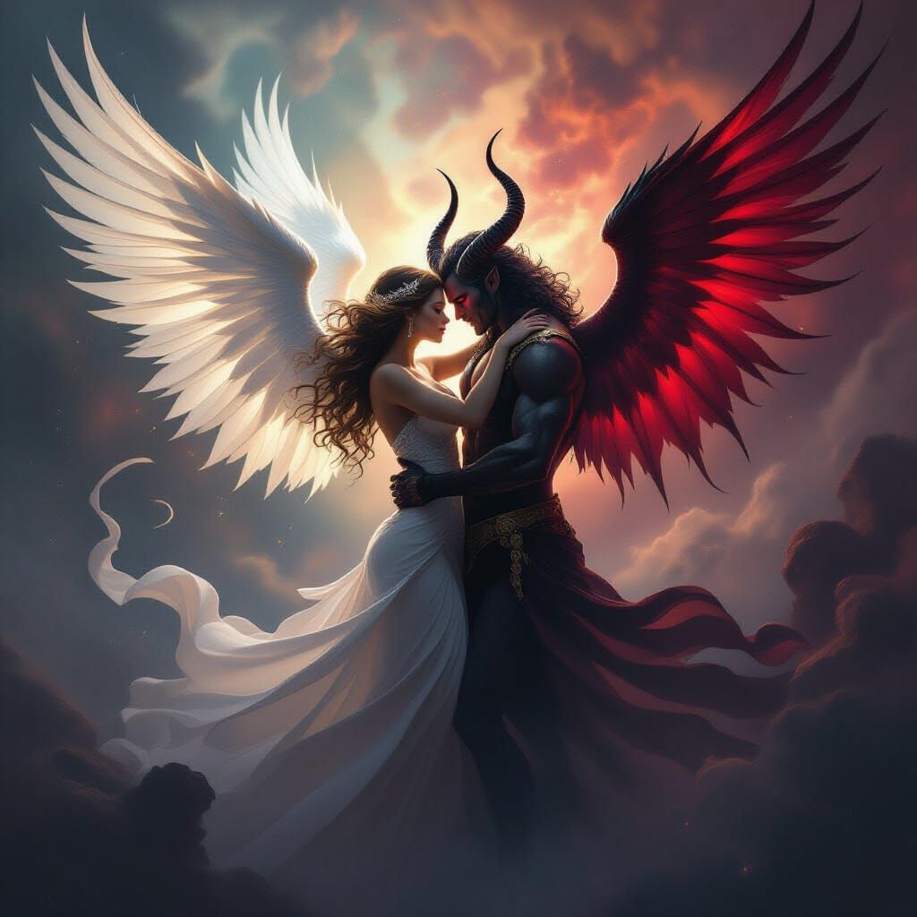 Angel and Demon in Passionate Embrace, Epic Fantasy Art