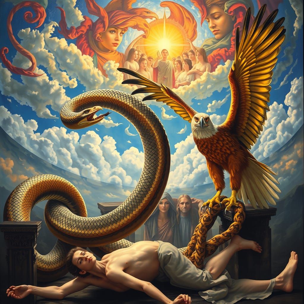 Serpent and Eagle Confront a Fallen Hero in a Vivid, Symboli...