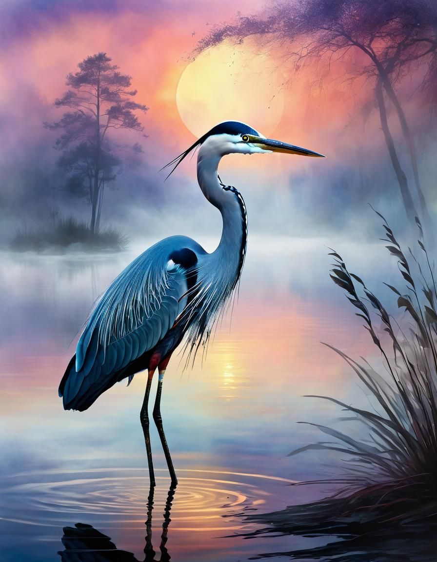 Watercolor Heron in Fractal Exotic Lake Sunset