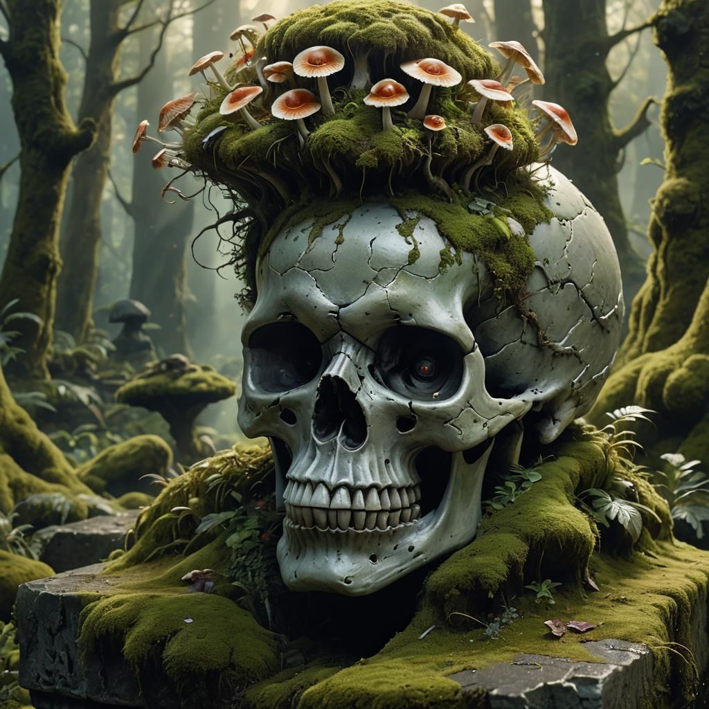 Lopsided Skull with Eyelashes on Mossy Pedestal