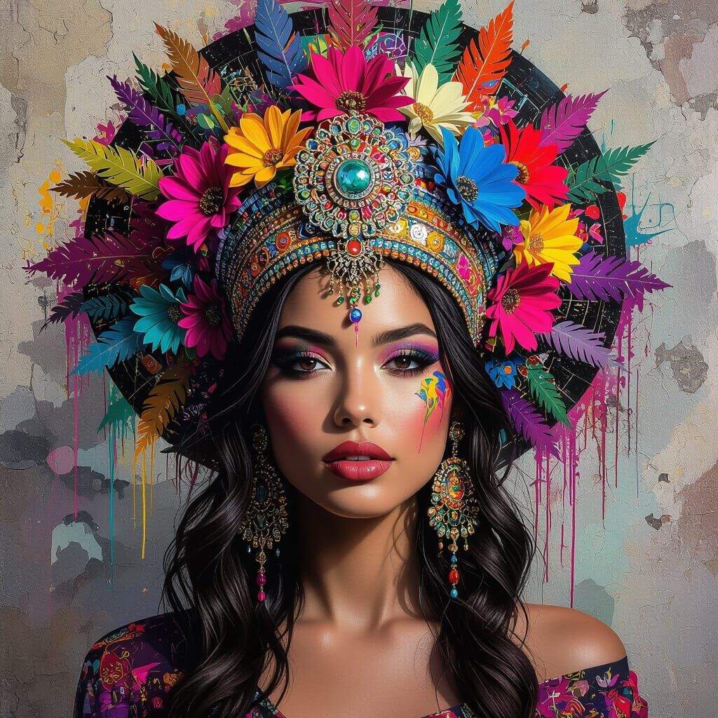 Mixed Media Portrait of Woman with Colorful Headdress