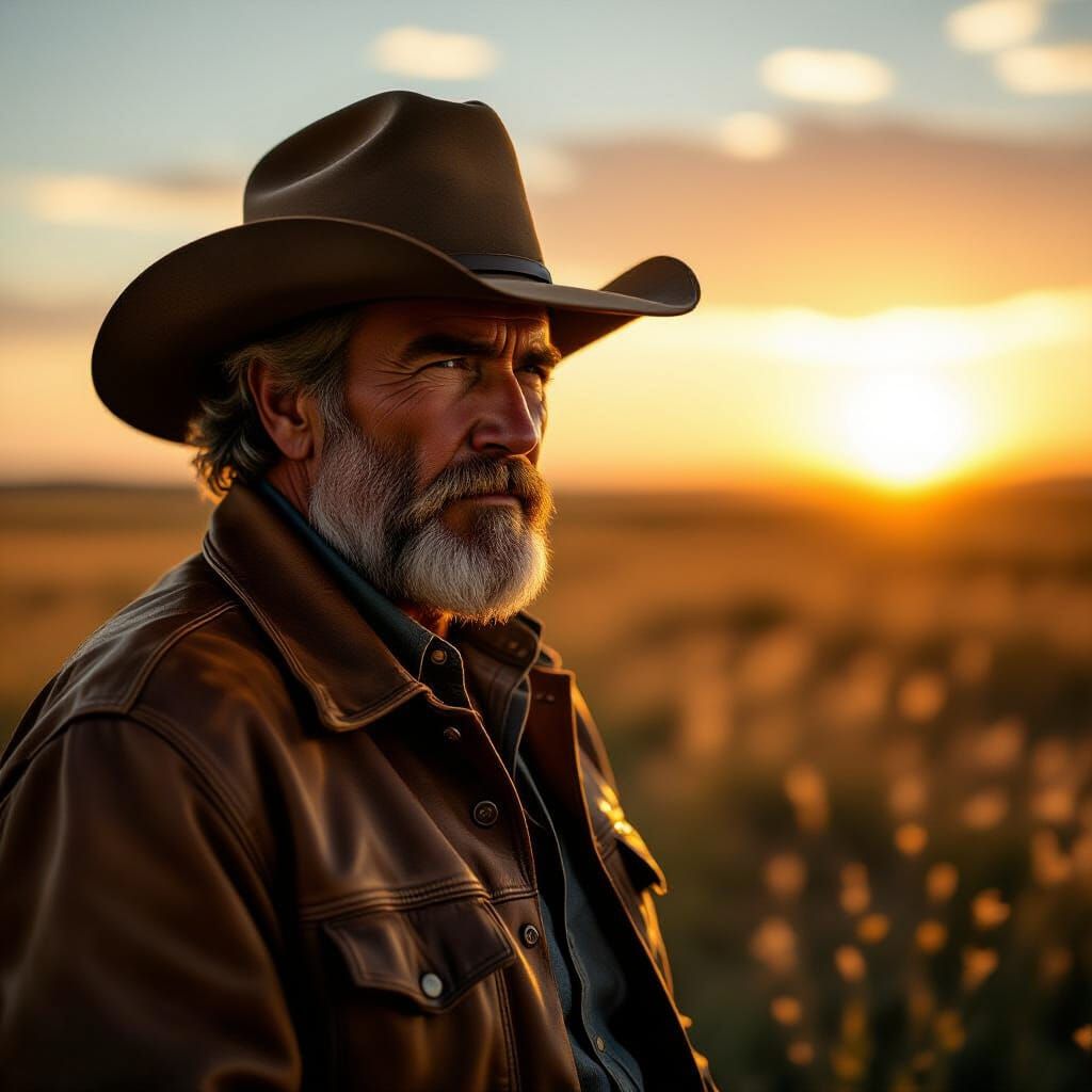 Contemplative Cowboy at Golden Hour in Texas