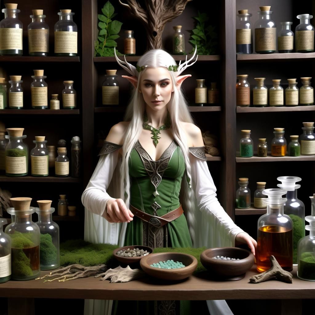 Elven Sorceress in an Apothecary