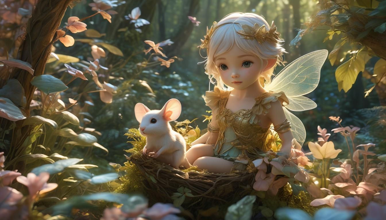 Baby Fairy and Mouse in Lush Anime Forest
