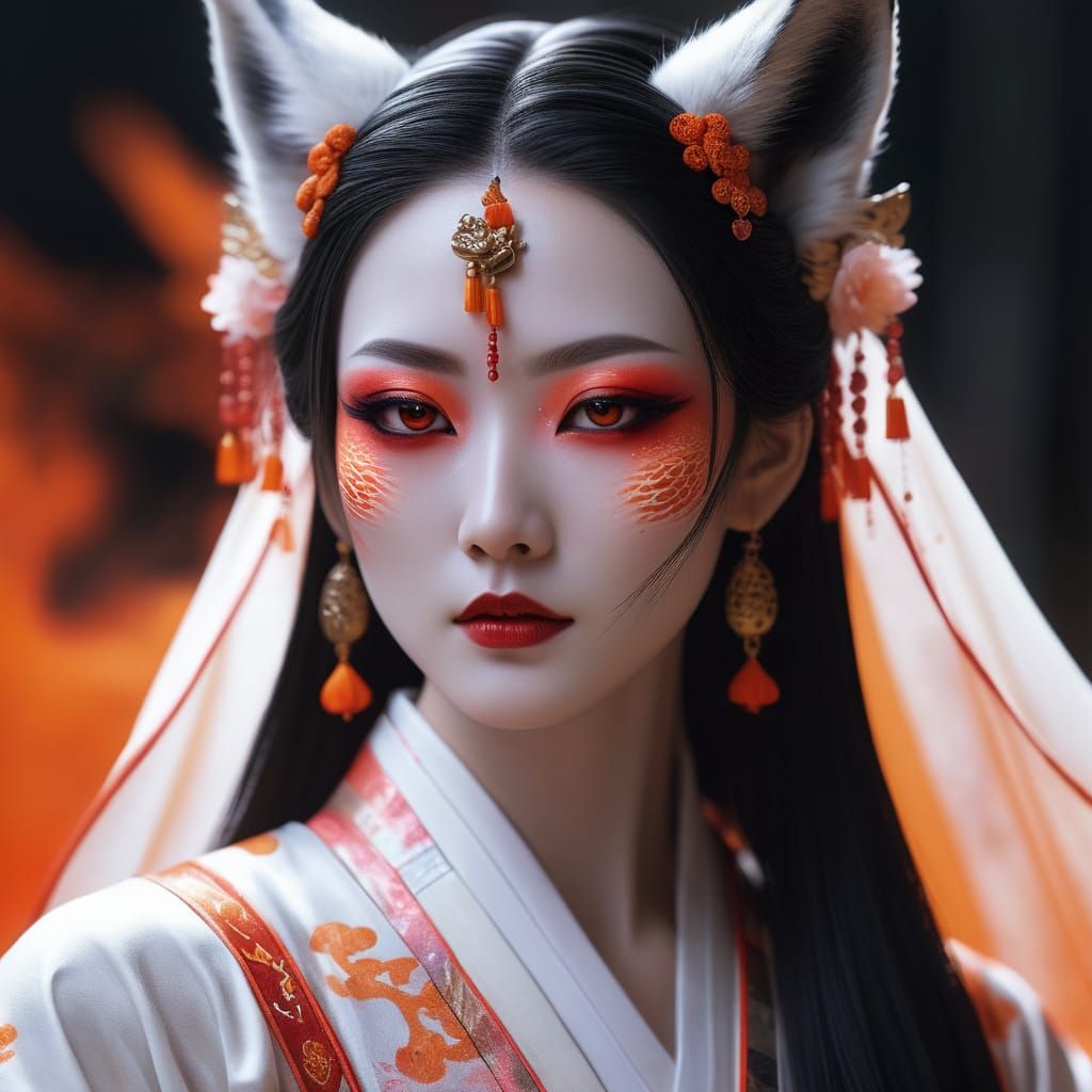 Mystical Fox-Girl in Hanfu with Eerie, Photorealistic Portra...