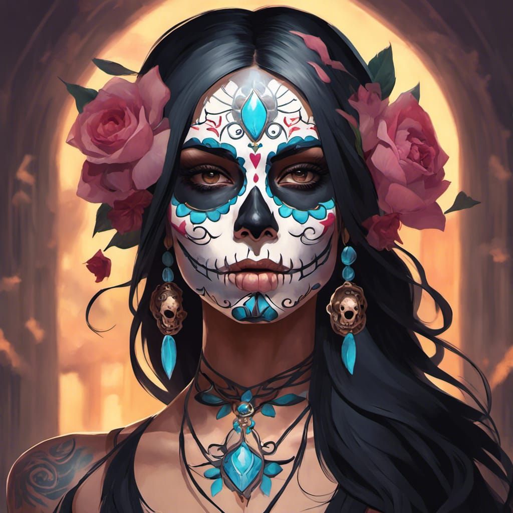 Sugar Skull Face Paint Portrait in Detailed Concept Art