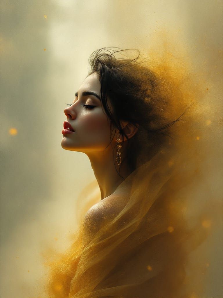 Woman Dissolving into Golden Mist, Painterly Style