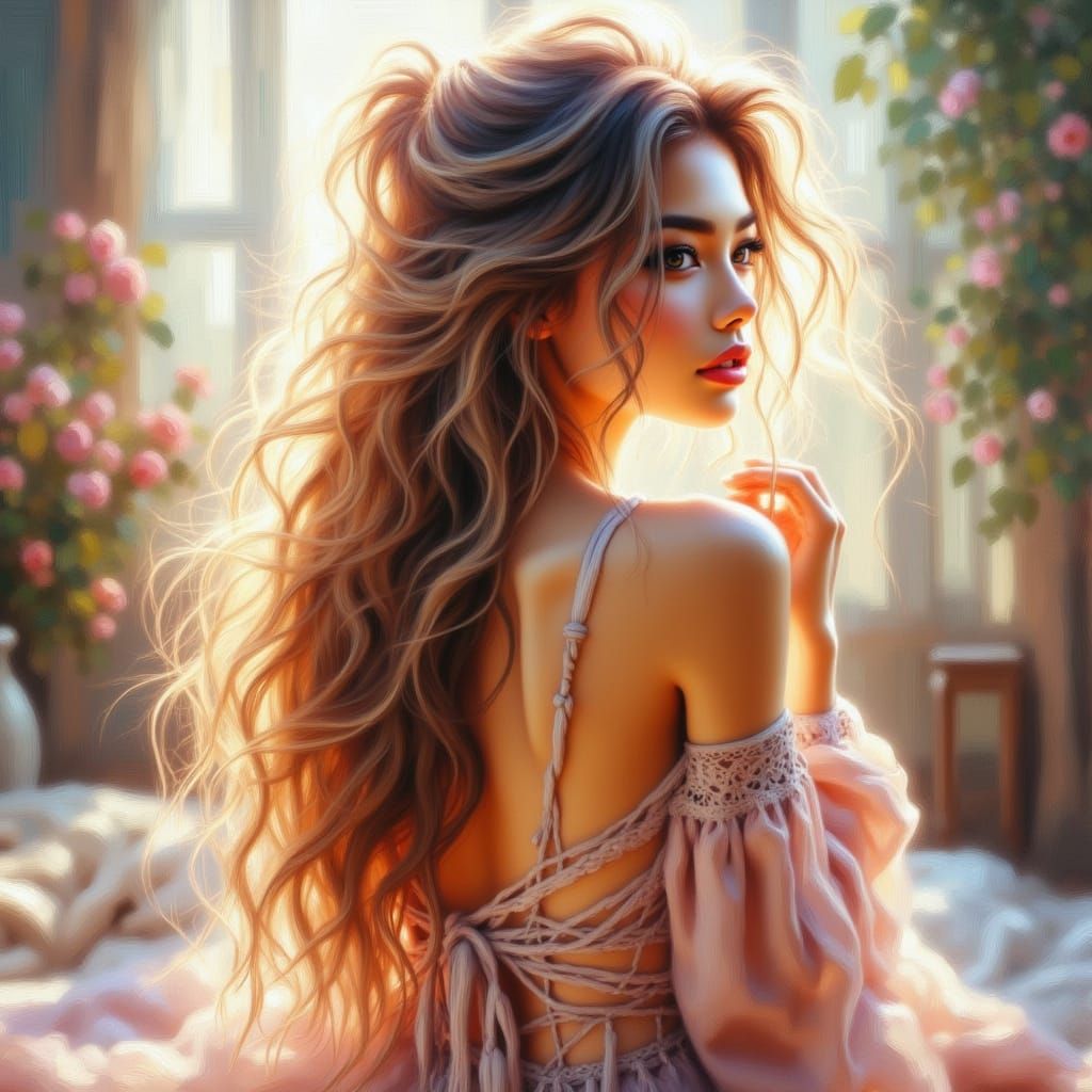 Elegant Woman in Pastel Lingerie, Morning Light