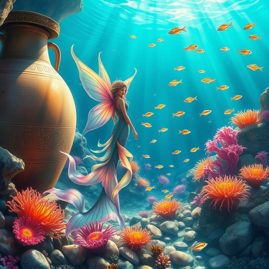 Mythical Mermaid Guardian of Aegean Treasure Cove in Vibrant...