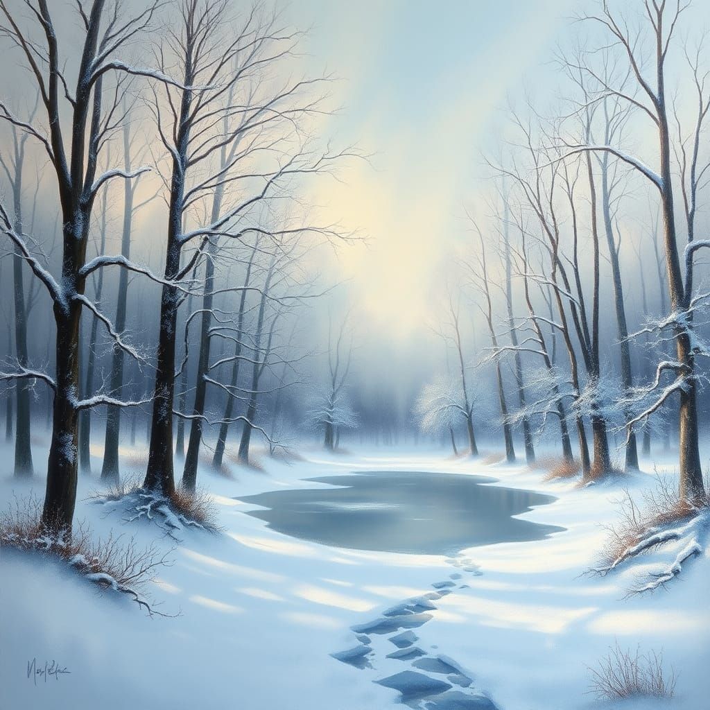 Winter Forest Pond Reflecting Sky as Impressionist Painting