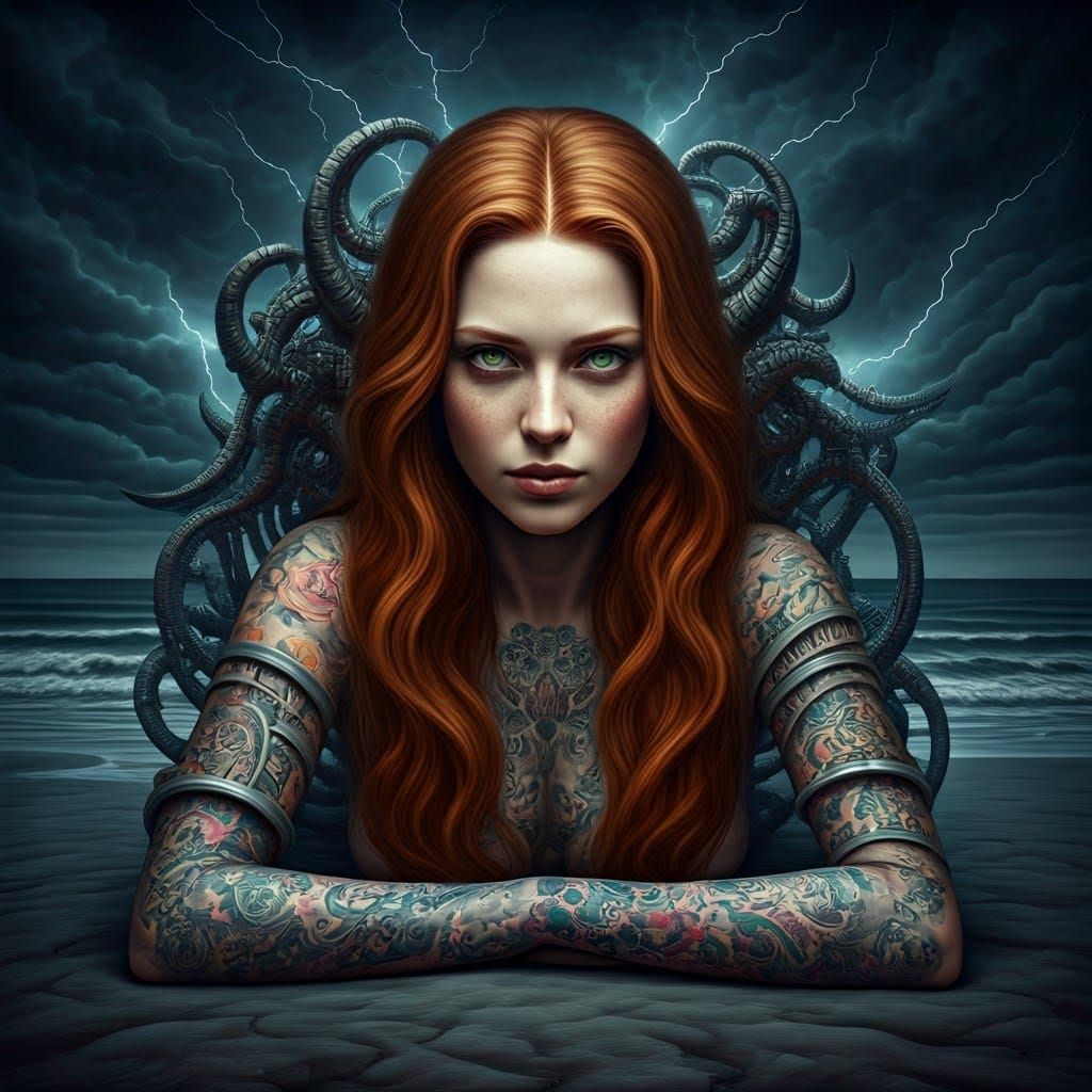 Woman with 3D Tattoos on Moonlit Beach