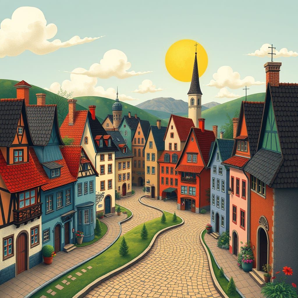 Whimsical Village in Dreamlike Colors