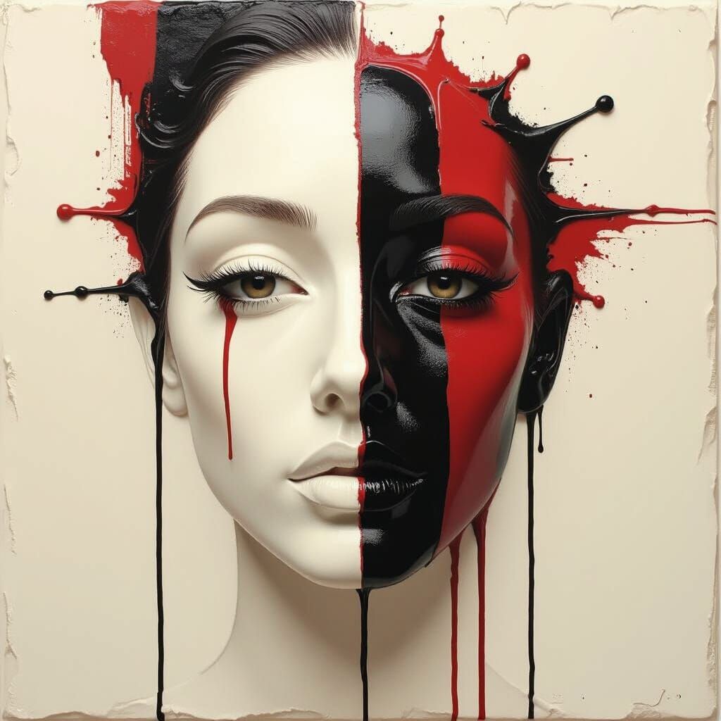 Abstract Face with Paint Drips in Monochromatic Palette