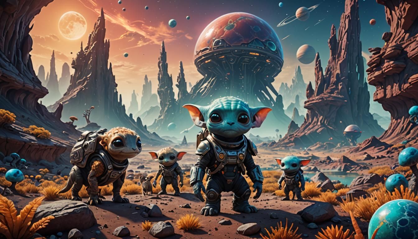 Cute Animals on Alien Planet, Detailed Matte Painting