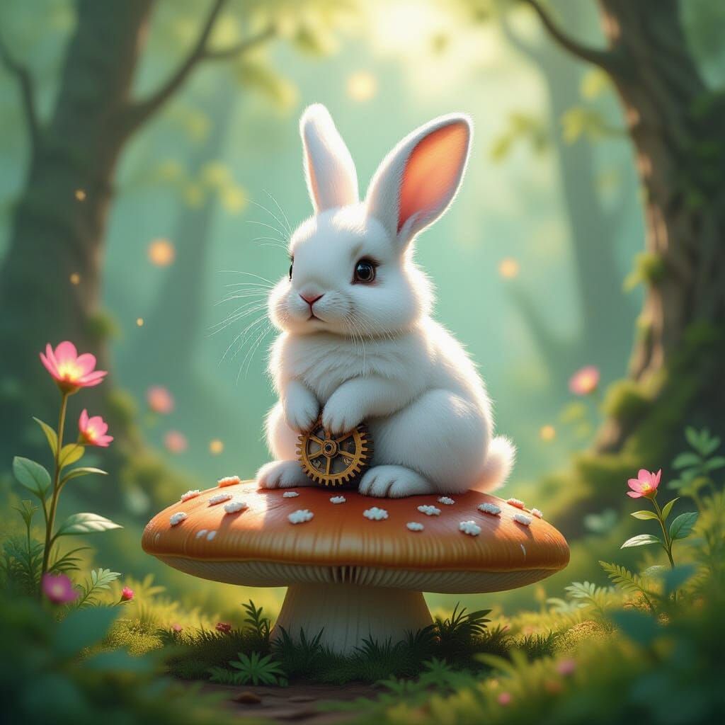 Clockwork Rabbit in Enchanted Forest, Detailed Illustration