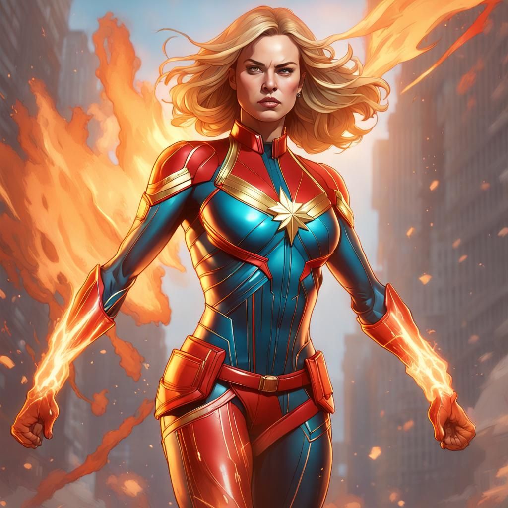 Curvy Captain Marvel in Fiery Battle, Detailed Concept Art