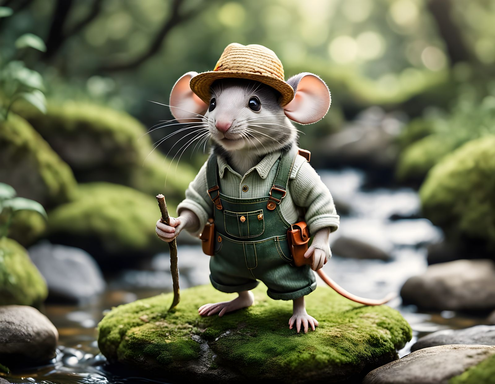 Adorable Mouse Farmer Crosses Green Moss Stone Bridge