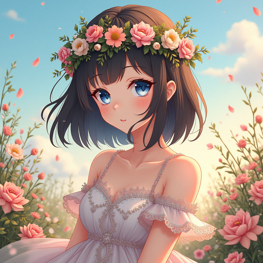 Anime Girl in Whimsical Floral Wonderland