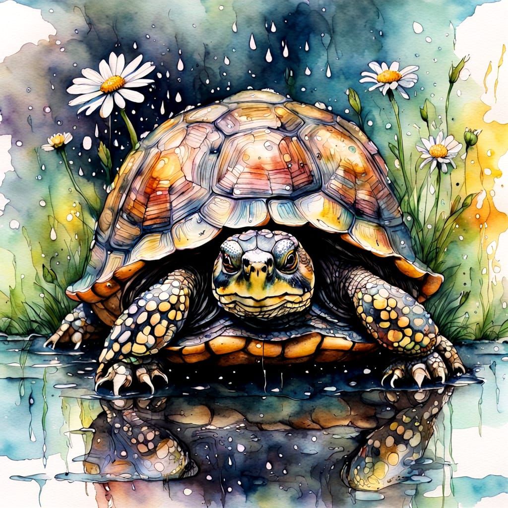 Box Turtle and Daisies in Watercolor Puddle