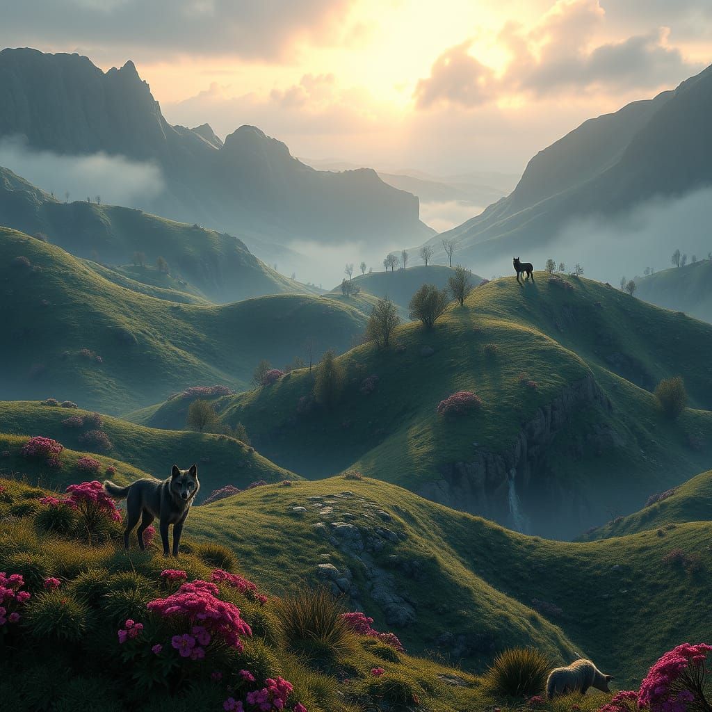 Roger Dean. Rolling hills with mysterious fantasy plants and wolves detailed matte painting, deep color, fantastical, in...