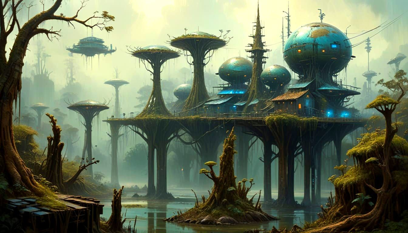 Ancient Alien Village on Stilts in a Mysterious Swamp Landsc...