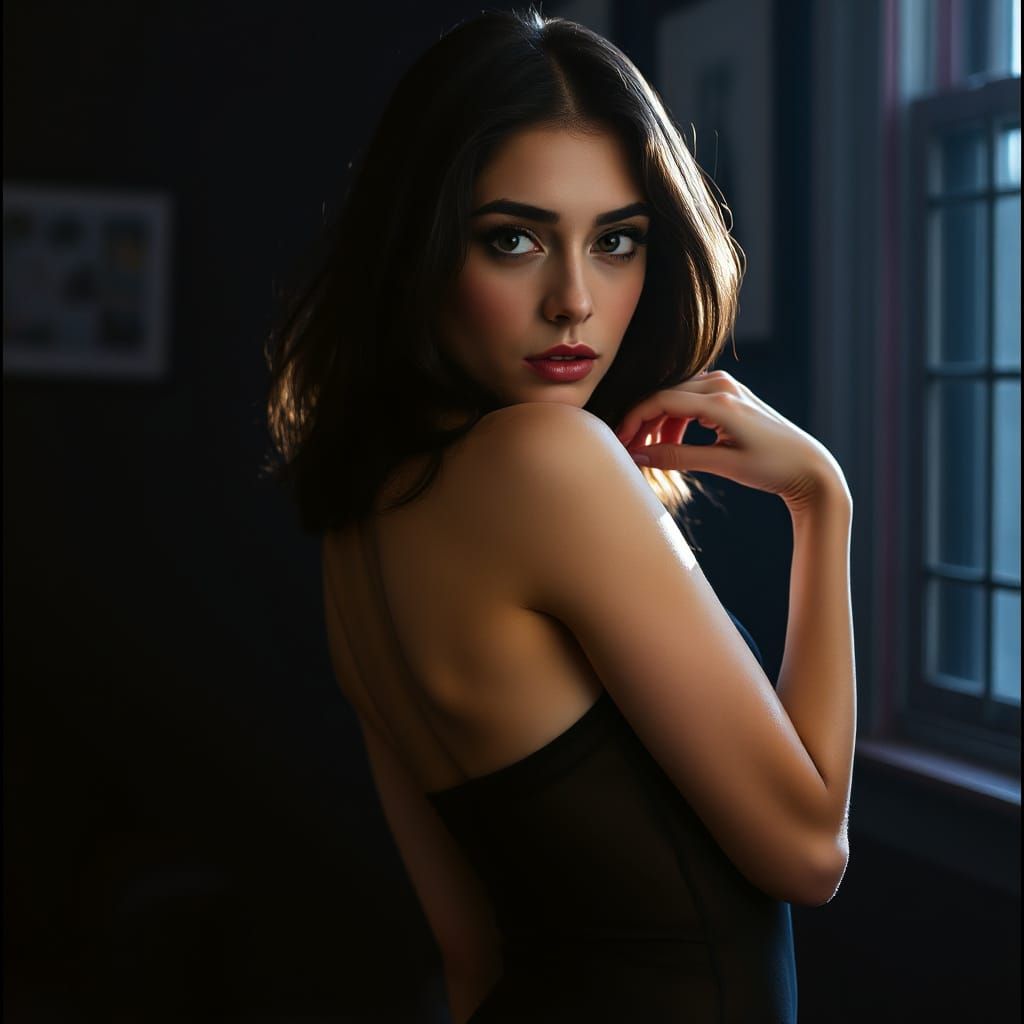 Dramatic Portrait of a Brunette Woman in Black Bodystocking