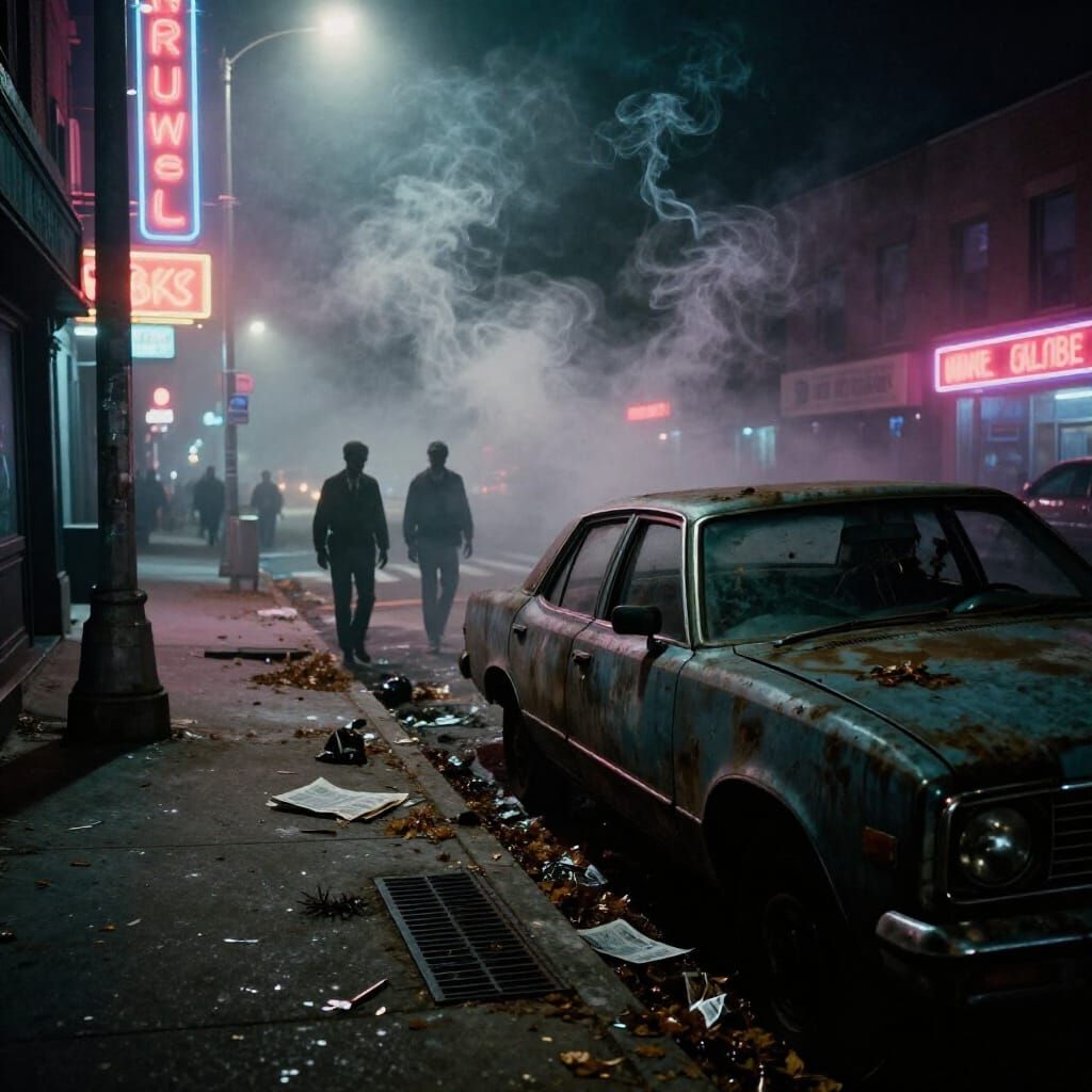 70s Foggy New York Street with Neon Signs and Zombies