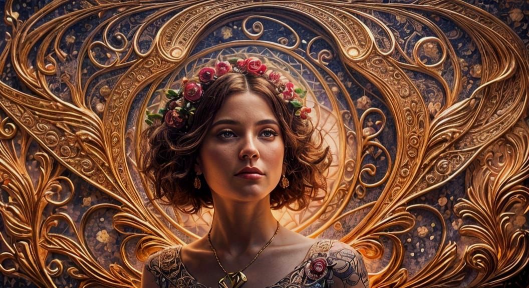 Surreal Art Deco Portrait with Twisted Floral Motifs and 24 ...