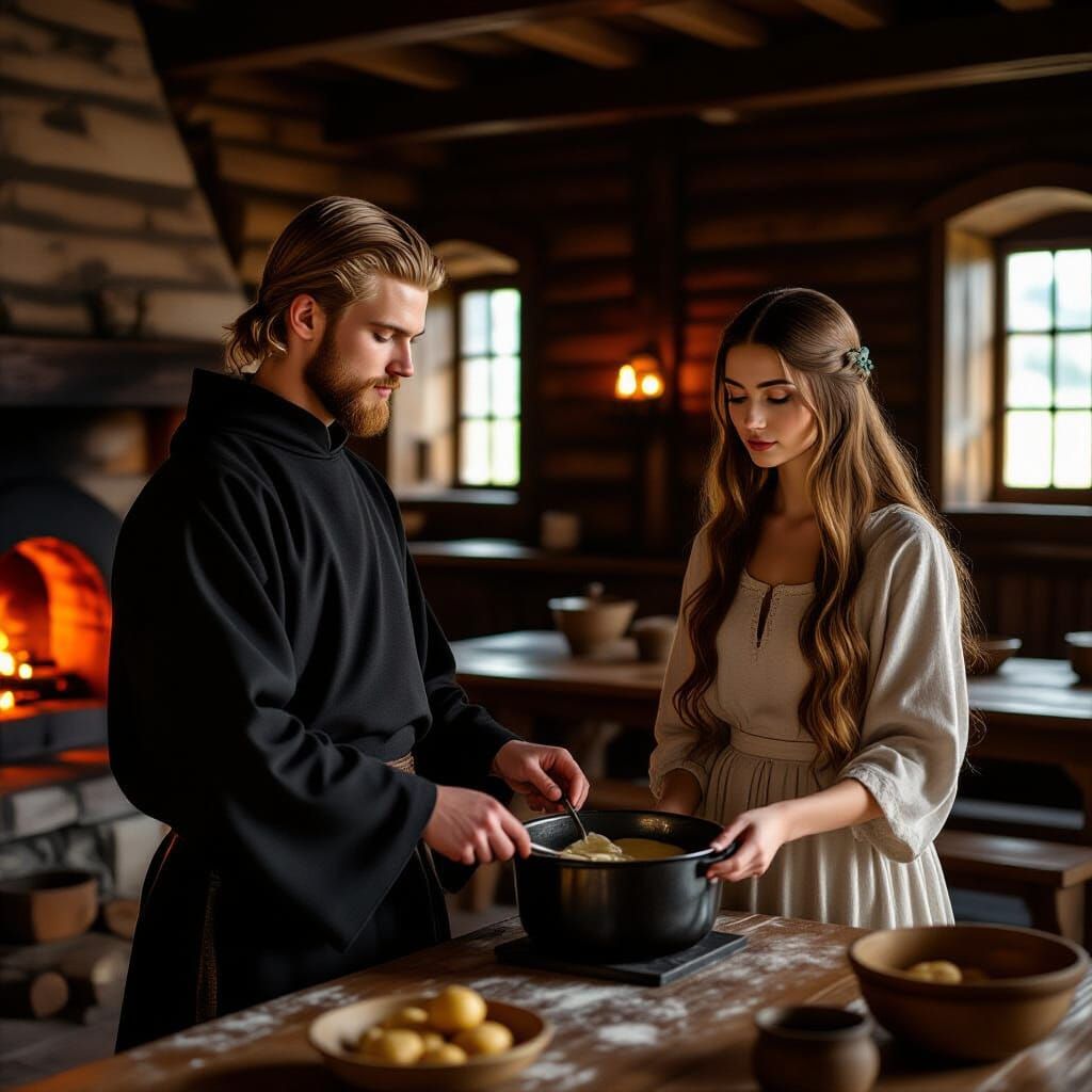 Monk Cooking in Medieval Refectory, Photorealistic Style